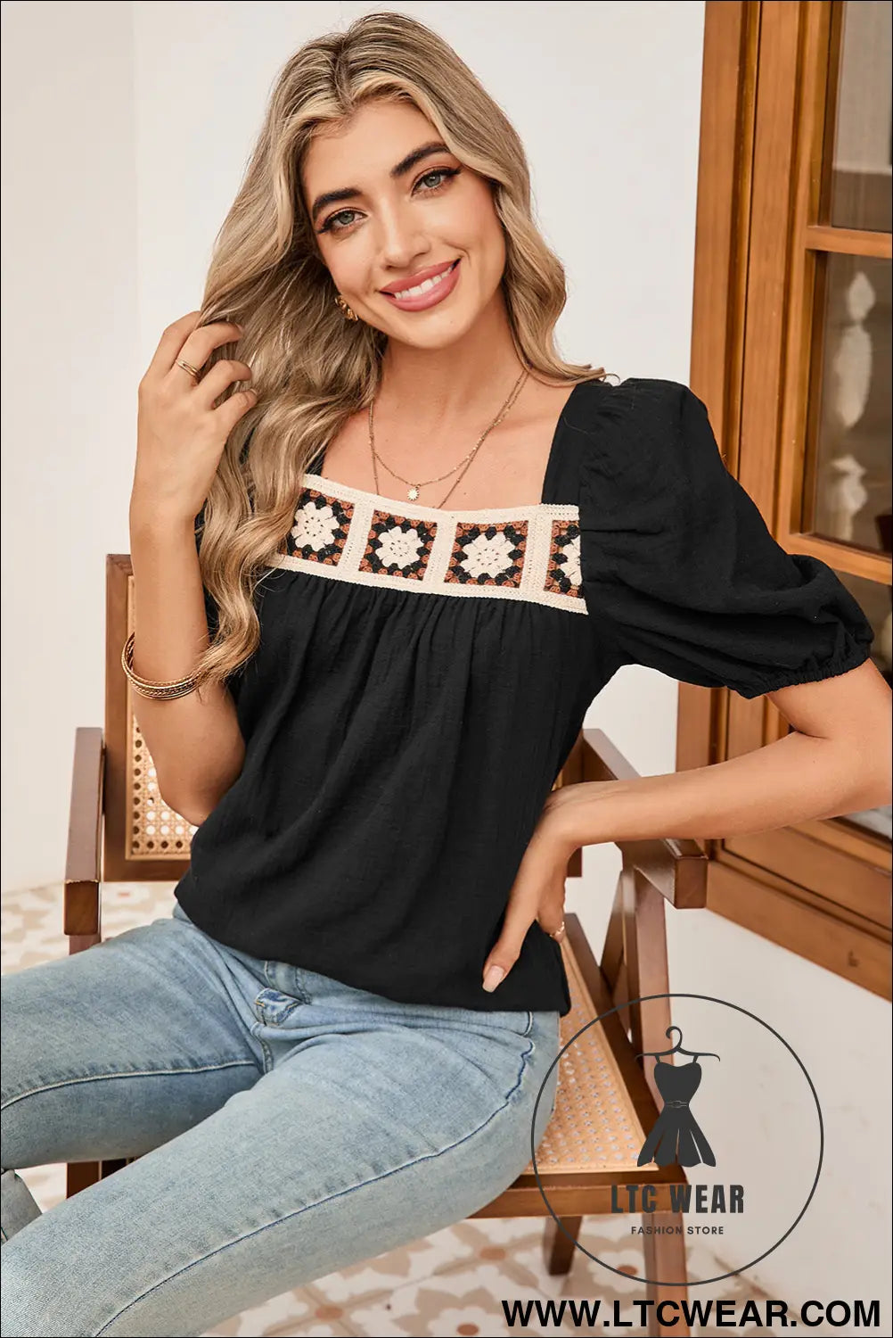 Black crochet square neck crinkled blouse - 15%