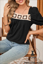 Black crochet square neck crinkled blouse - 15%