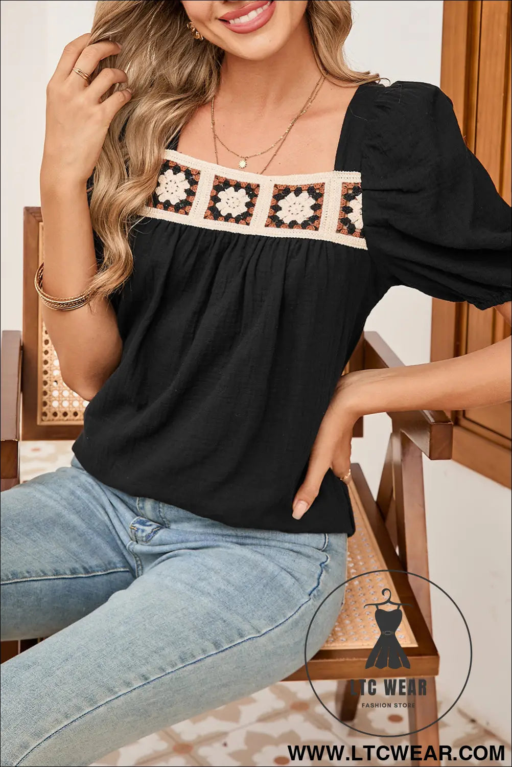 Black crochet square neck crinkled blouse - 15%