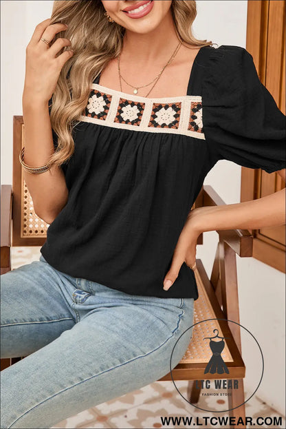 Black crochet square neck crinkled blouse - 15%