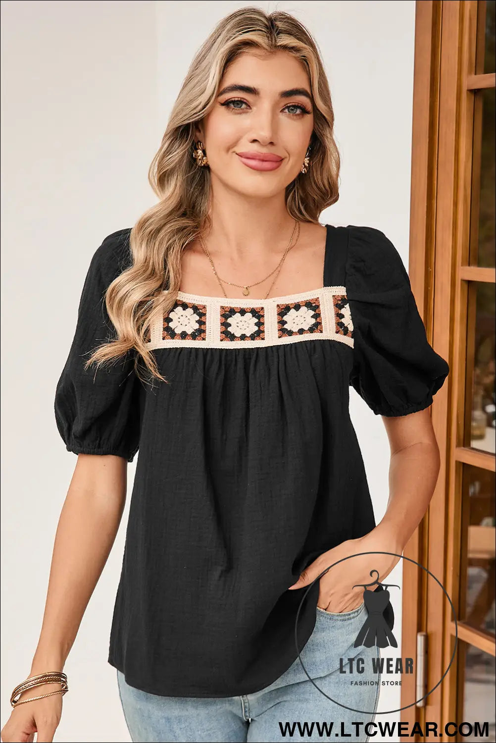 Black crochet square neck crinkled blouse - 15%