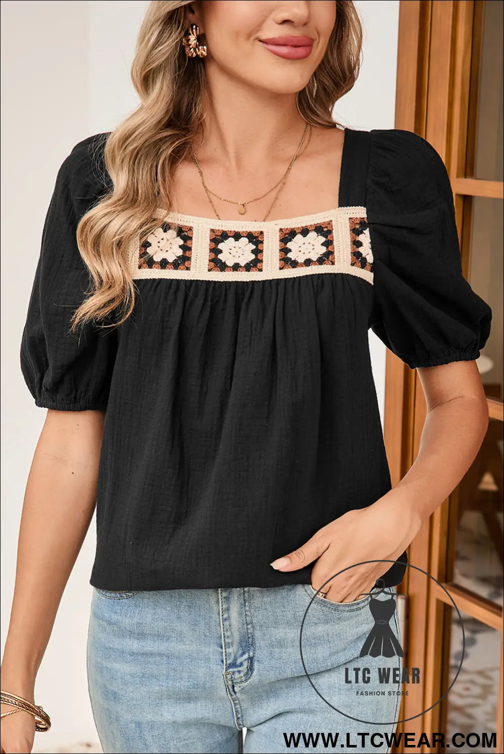 Black crochet square neck crinkled blouse - 15%