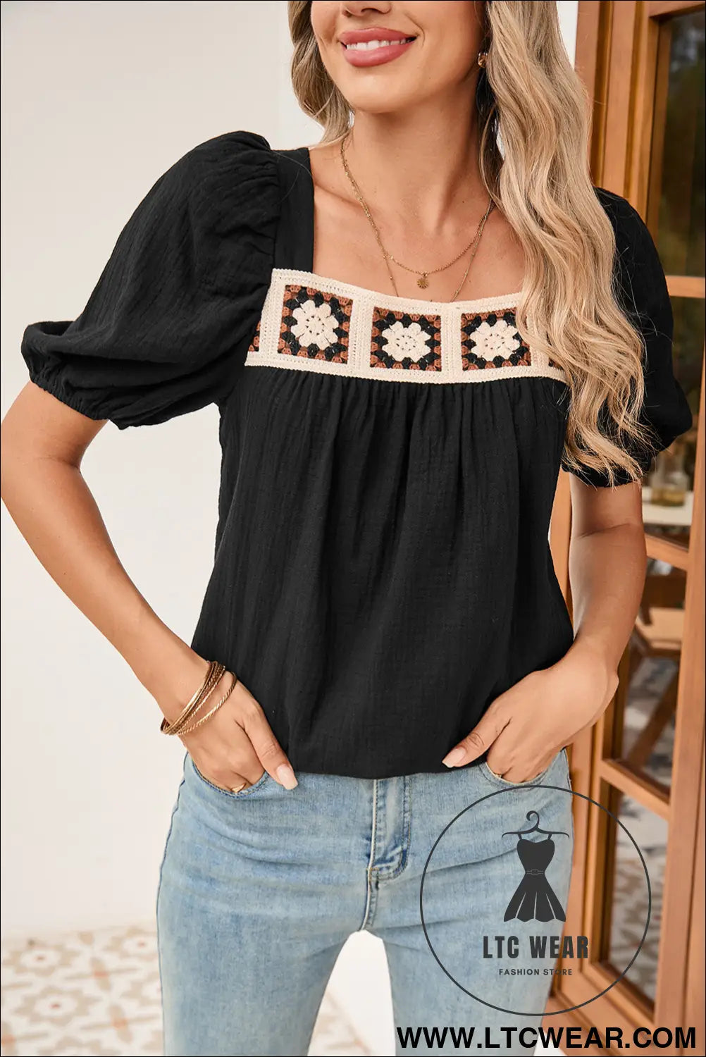 Black crochet square neck crinkled blouse - black / l / 100% cotton - 15%
