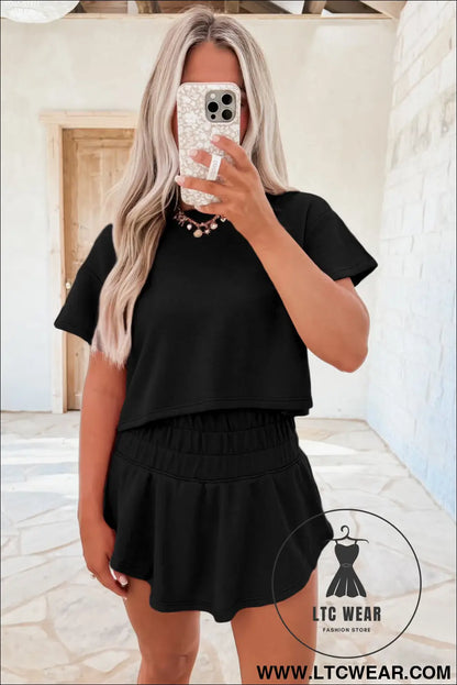Black Cropped Tee and Ruffle High Waist Skort Set - L.T.C Wear Online Fashion Store