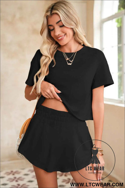 Black Cropped Tee and Ruffle High Waist Skort Set