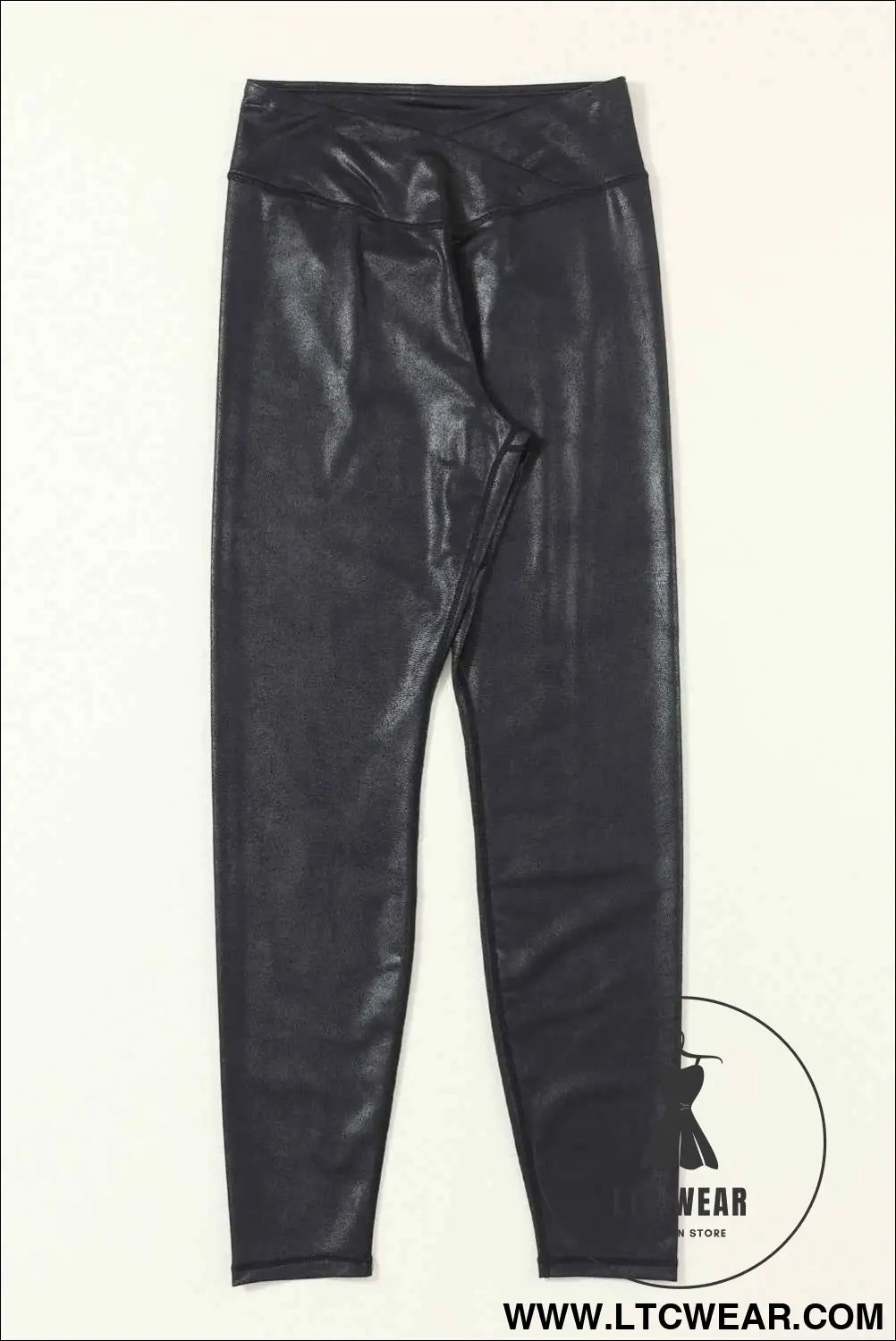 Black Crossed Dip Waist Sleek Leather Leggings