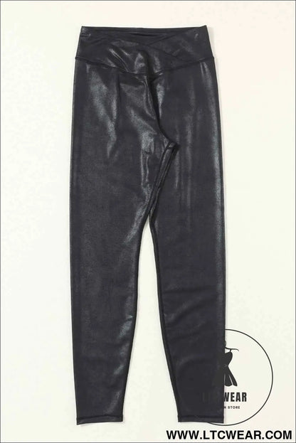 Black Crossed Dip Waist Sleek Leather Leggings