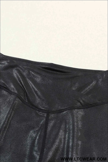 Black Crossed Dip Waist Sleek Leather Leggings