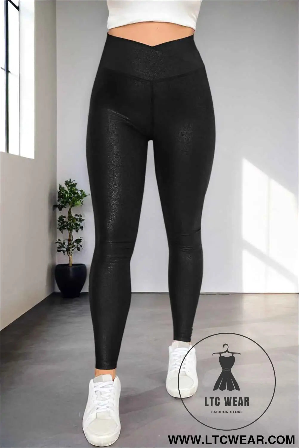 Black Crossed Dip Waist Sleek Leather Leggings