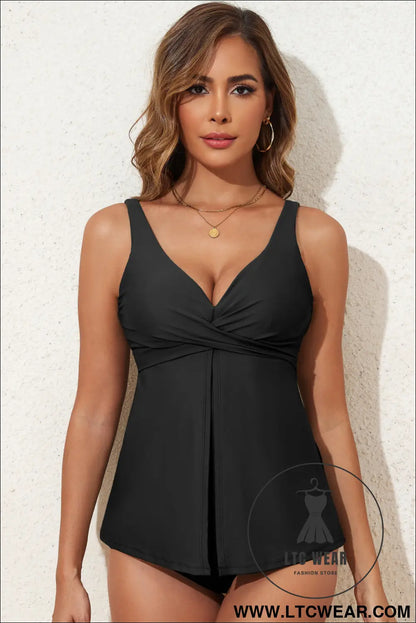Black Crossed V Neck Adjustable Strap Babydoll Tankini Top - L.T.C Wear Online Fashion Store