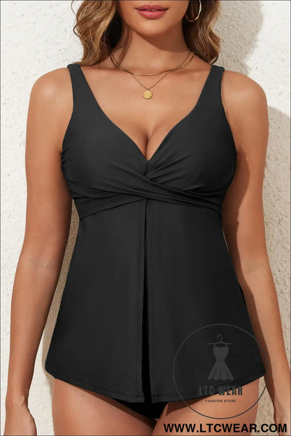 Black Crossed V Neck Adjustable Strap Babydoll Tankini Top - L.T.C Wear Online Fashion Store