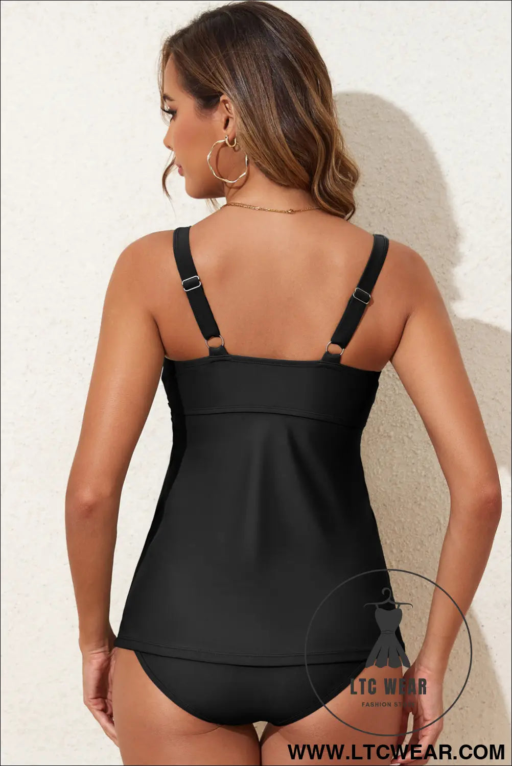Black Crossed V Neck Adjustable Strap Babydoll Tankini Top - L.T.C Wear Online Fashion Store