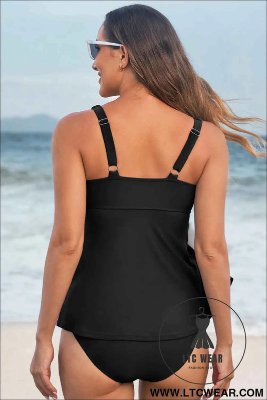 Black Crossed V Neck Adjustable Strap Babydoll Tankini Top
