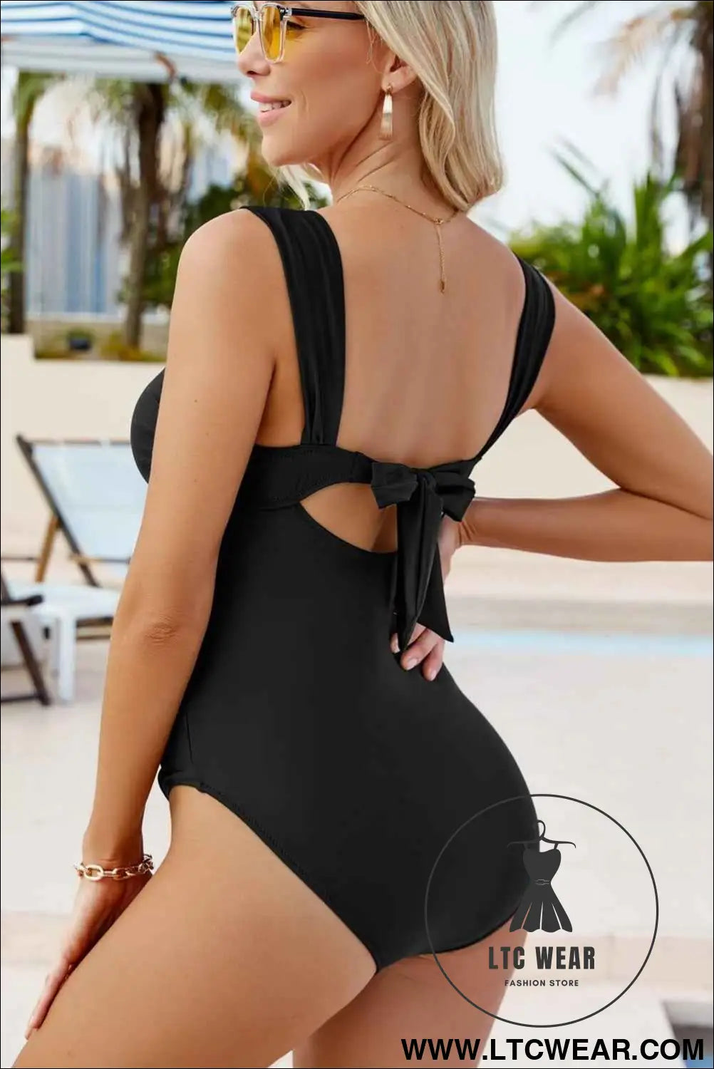 Black Cut Out Twist Bowknot Backless One Piece Swimsuit