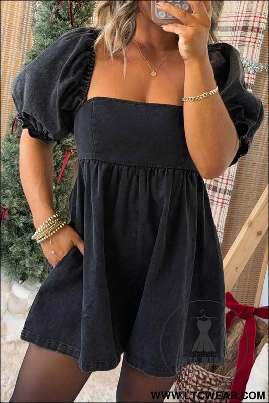 Black Denim Square Neck Smocked Short Puff Sleeve Flared Romper