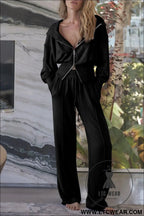 Black double zipper hooded jacket and sweatpants active set - black / 2xl / 75% polyester + 20% cotton + 5% elastane