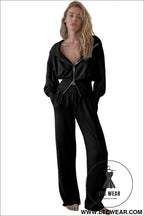Black double zipper hooded jacket and sweatpants active set - activewear sets