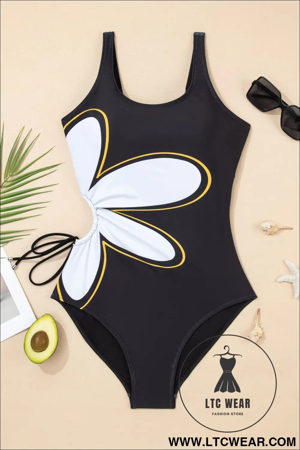 Black Drawstring Big Hole Floral Print Sleeveless One Piece Swimsuit - L.T.C Wear Online Fashion Store