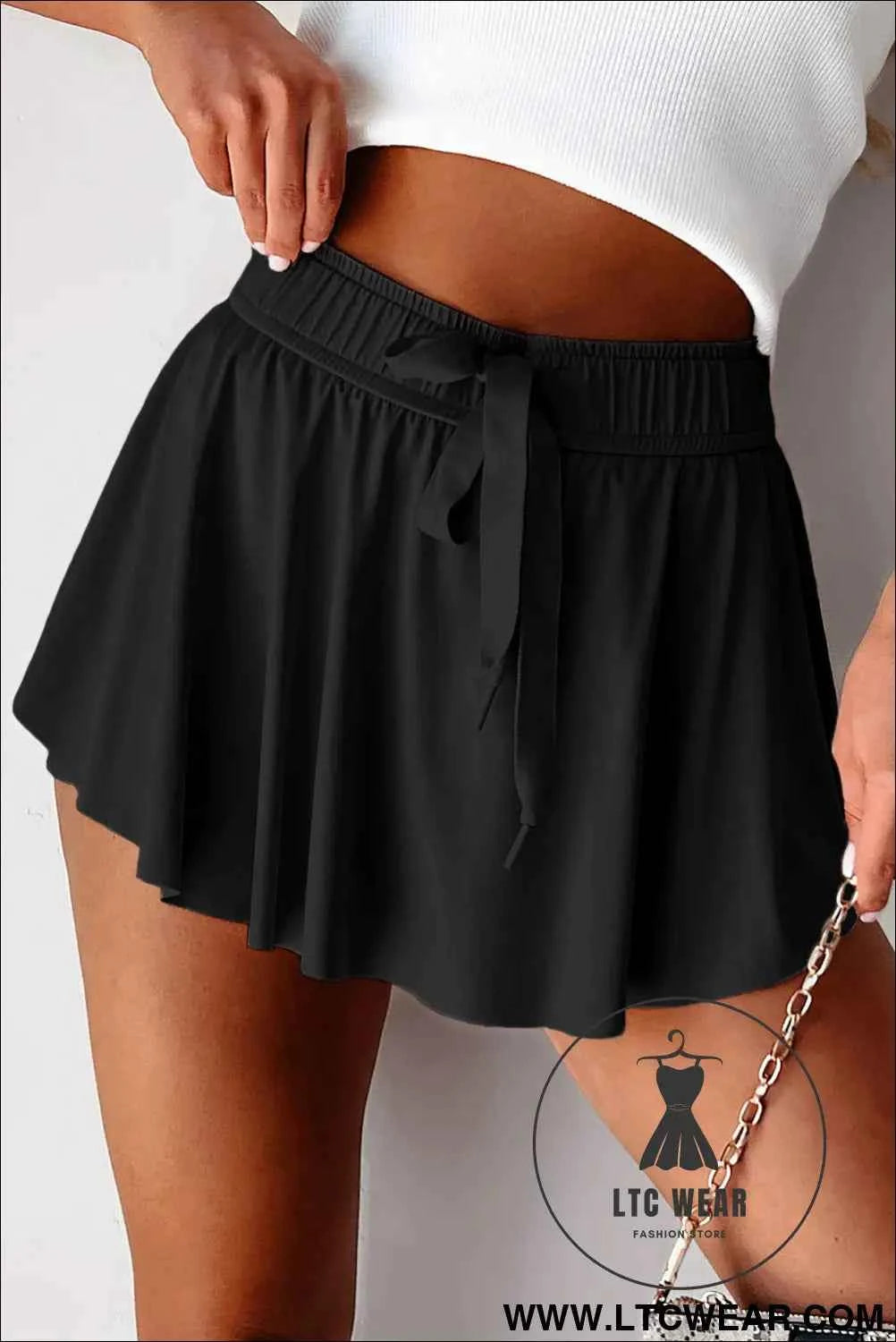 Black Drawstring High Waist Lined Tennis Skort
