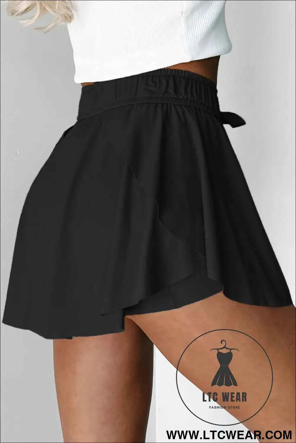 Black Drawstring High Waist Lined Tennis Skort