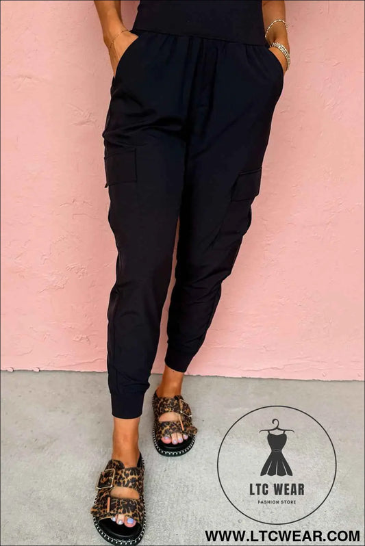 Black Elastic High Waist Pocketed Cargo Jogger Pants