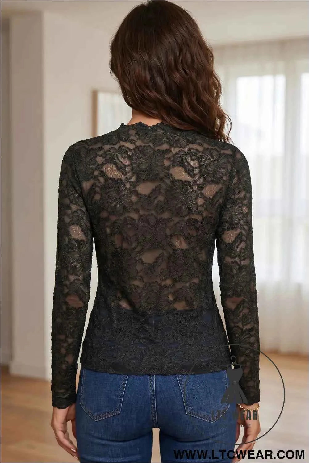 Black Elegant Stand Neck Lace Long Sleeve Top