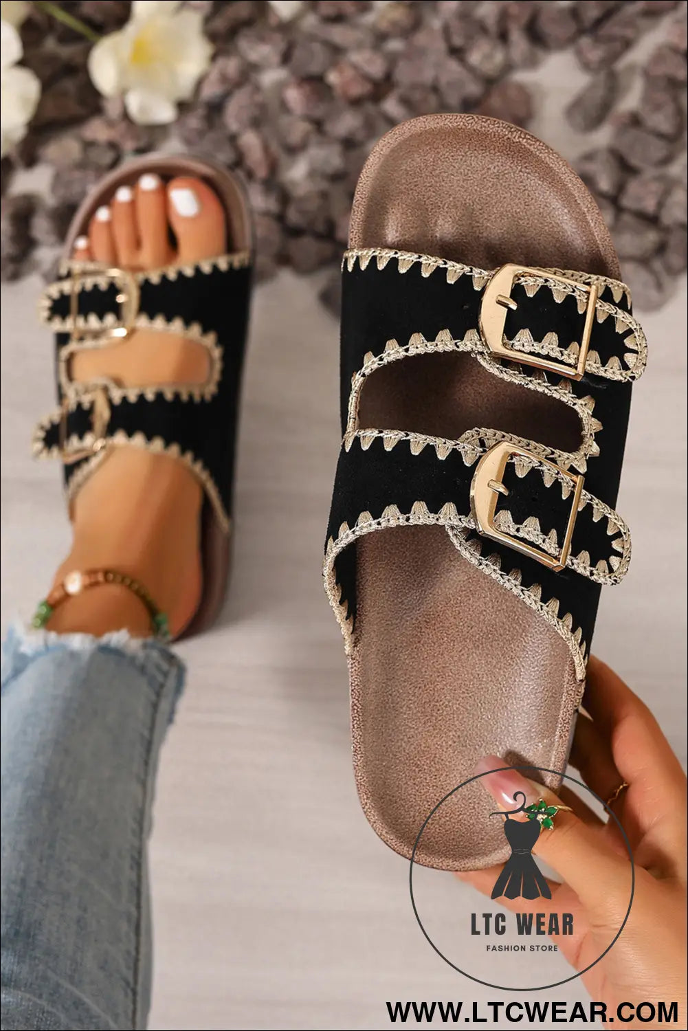 Black Embroidered Trim Retro Buckle Faux Suede Slippers - L.T.C Wear Online Fashion Store
