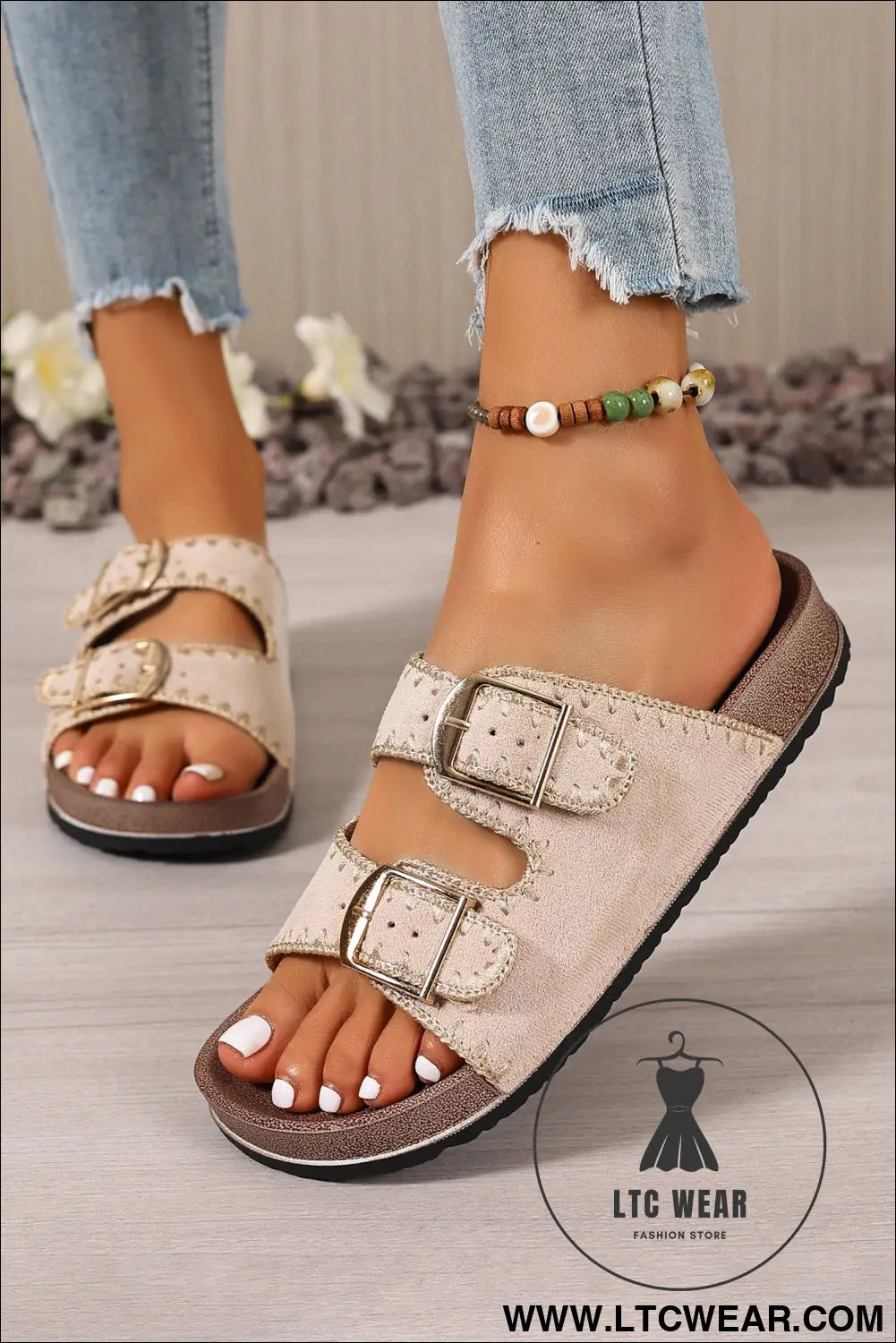 Black Embroidered Trim Retro Buckle Faux Suede Slippers - L.T.C Wear Online Fashion Store