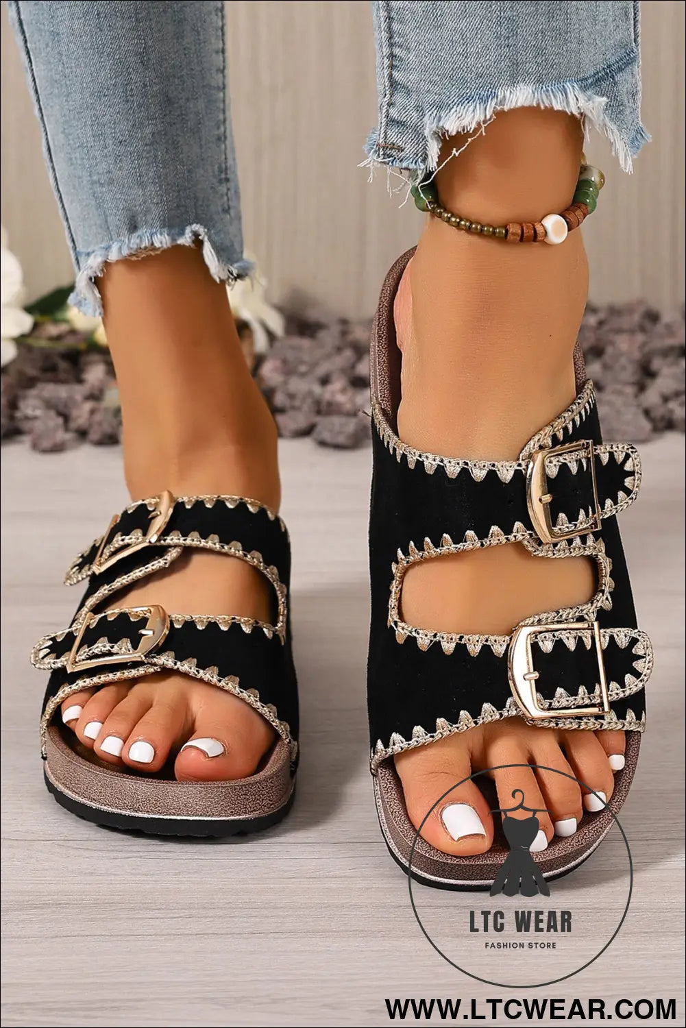 Black Embroidered Trim Retro Buckle Faux Suede Slippers - L.T.C Wear Online Fashion Store