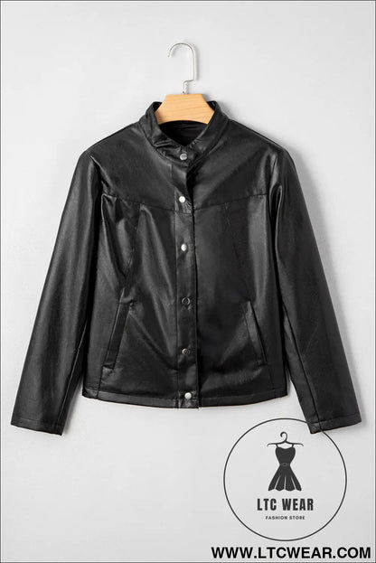 Black faux leather buttoned front boxy jacket - jackets