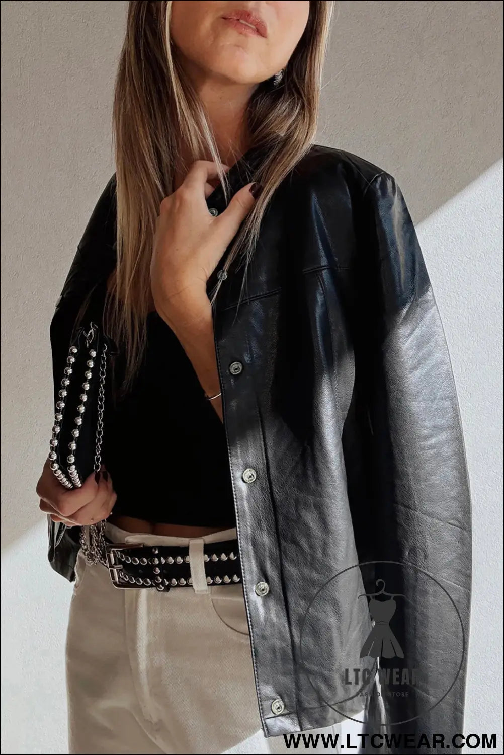 Black faux leather buttoned front boxy jacket - jackets