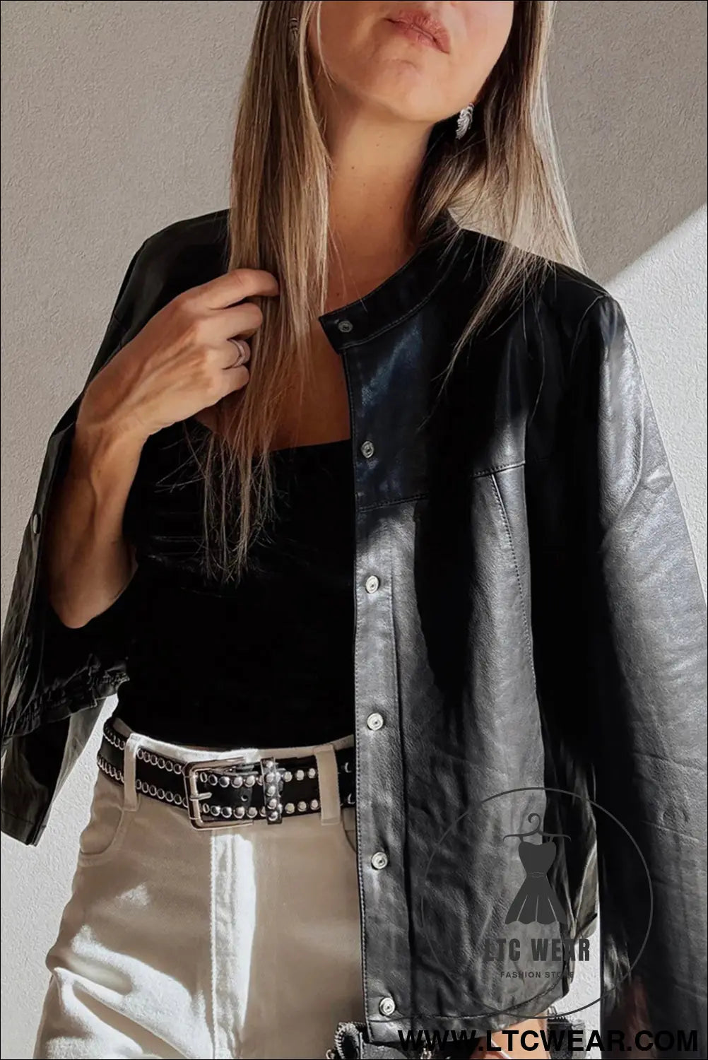 Black faux leather buttoned front boxy jacket - jackets