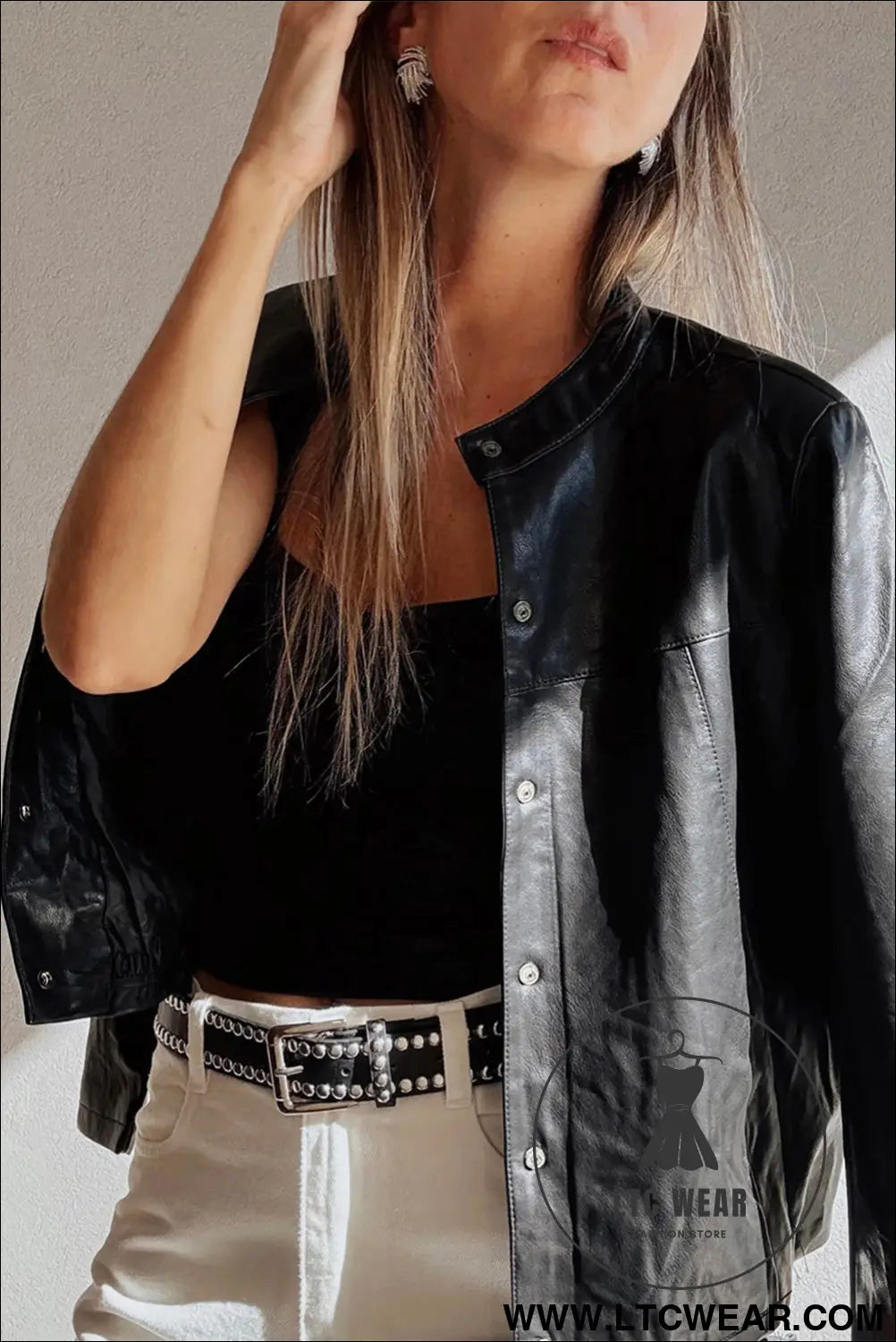 Black faux leather buttoned front boxy jacket - jackets