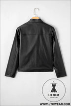 Black faux leather buttoned front boxy jacket - jackets