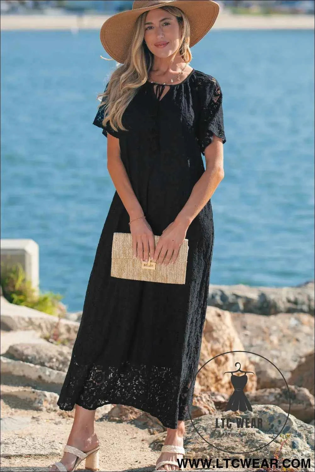 Black Floral Lace Overlay Tassel Tie Short Sleeve Beach Vacation Loose Maxi Dress