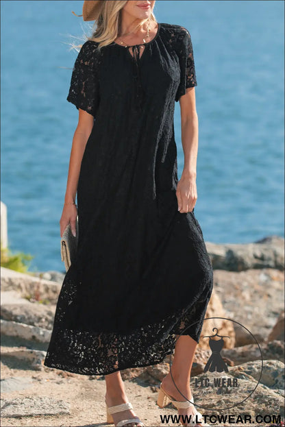 Black Floral Lace Overlay Tassel Tie Short Sleeve Beach Vacation Loose Maxi Dress - L.T.C Wear Online Fashion Store