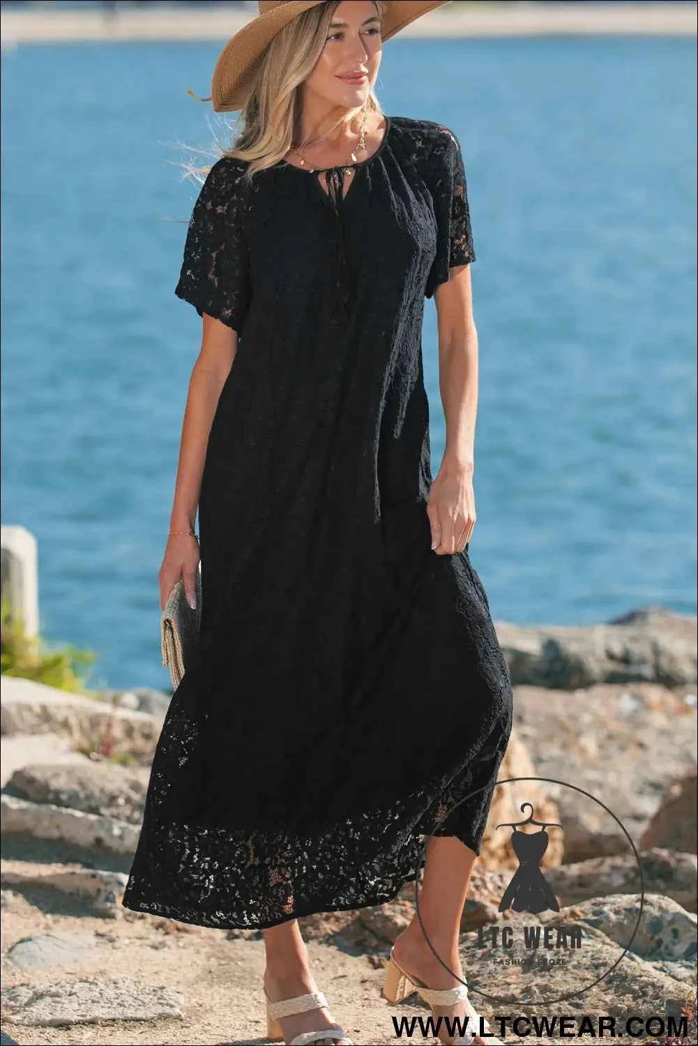 Black Floral Lace Overlay Tassel Tie Short Sleeve Beach Vacation Loose Maxi Dress