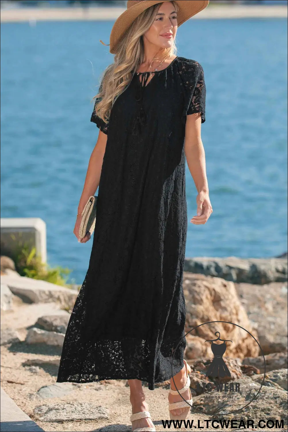 Black Floral Lace Overlay Tassel Tie Short Sleeve Beach Vacation Loose Maxi Dress