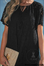 Black Floral Lace Overlay Tassel Tie Short Sleeve Beach Vacation Loose Maxi Dress