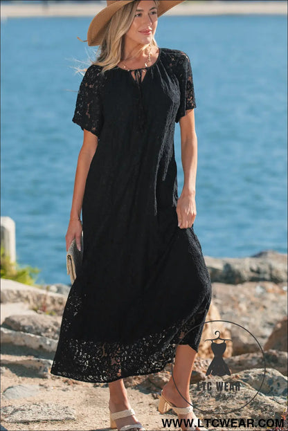 Black Floral Lace Overlay Tassel Tie Short Sleeve Beach Vacation Loose Maxi Dress - L.T.C Wear Online Fashion Store