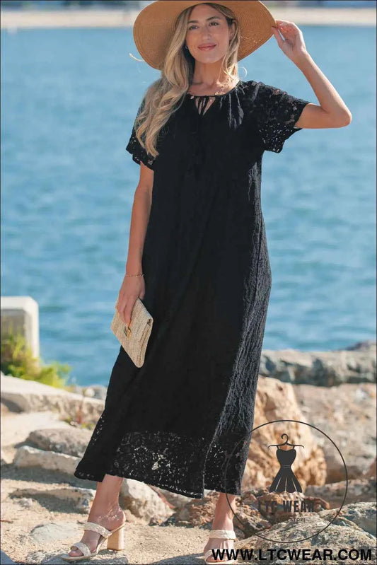 Black Floral Lace Overlay Tassel Tie Short Sleeve Beach Vacation Loose Maxi Dress
