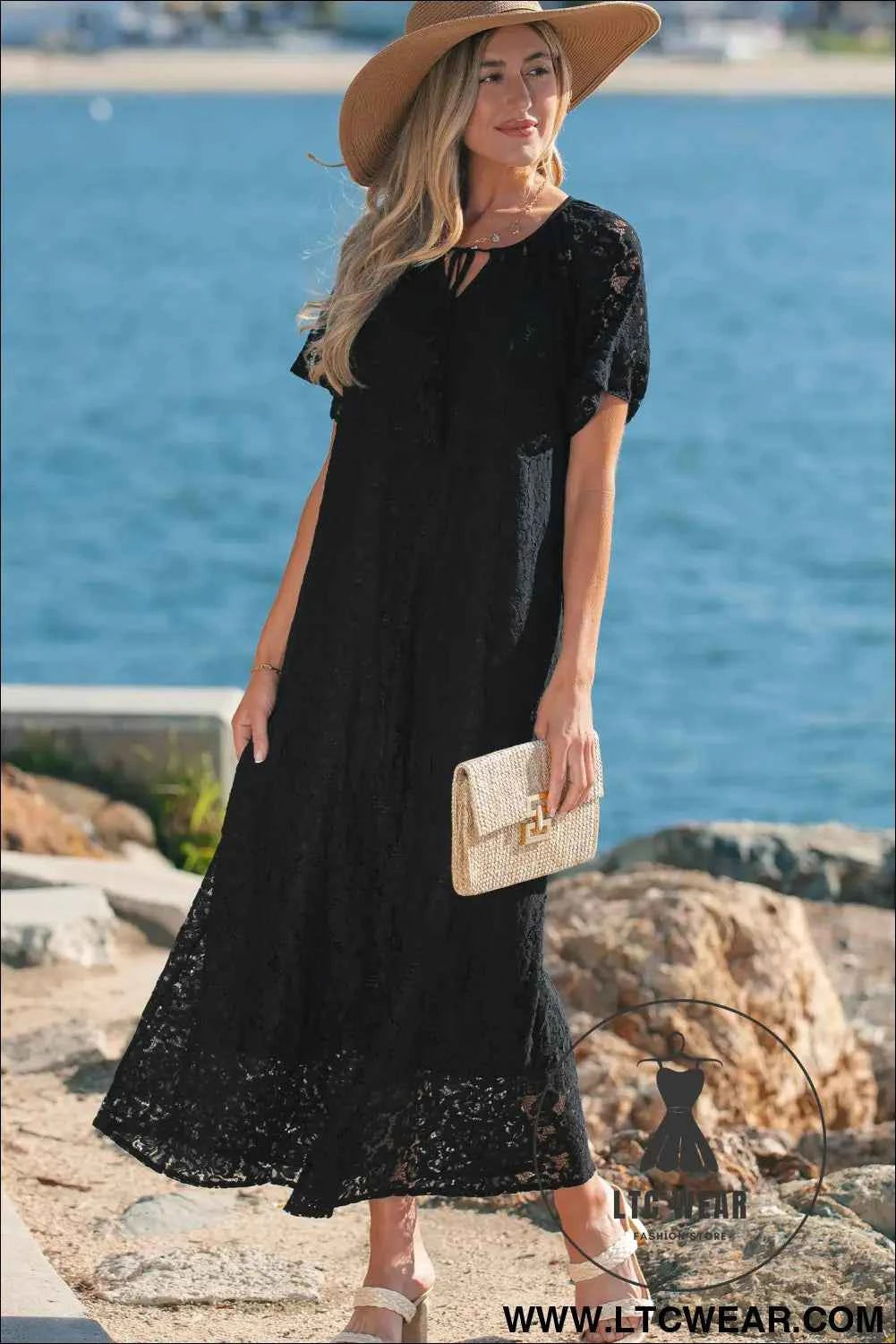 Black Floral Lace Overlay Tassel Tie Short Sleeve Beach Vacation Loose Maxi Dress