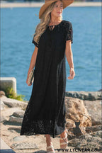 Black Floral Lace Overlay Tassel Tie Short Sleeve Beach Vacation Loose Maxi Dress