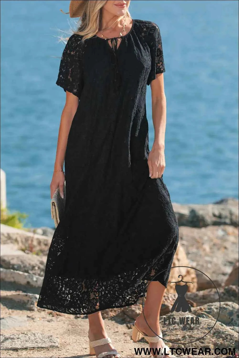 Black Floral Lace Overlay Tassel Tie Short Sleeve Beach Vacation Loose Maxi Dress
