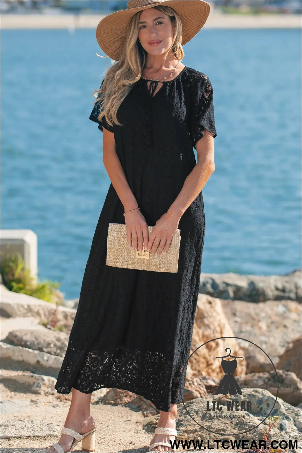 Black Floral Lace Overlay Tassel Tie Short Sleeve Beach Vacation Loose Maxi Dress - L.T.C Wear Online Fashion Store