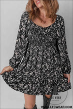 Black Floral Long Sleeve Frilly Shirred Square Neck Mini Dress