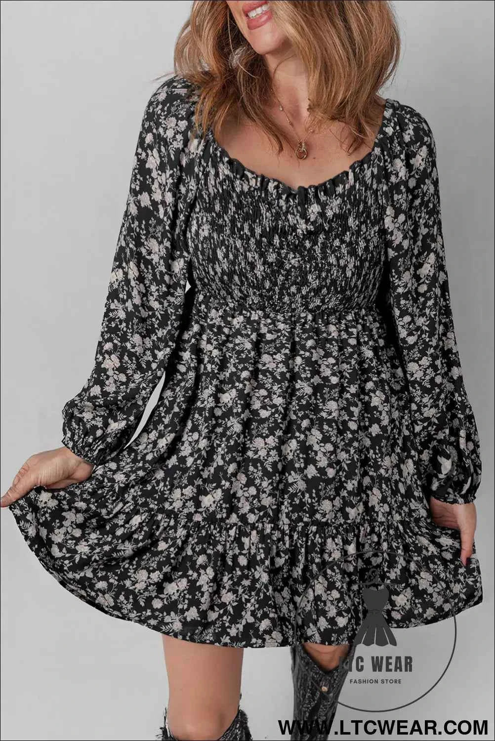 Black Floral Long Sleeve Frilly Shirred Square Neck Mini Dress