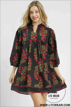 Black Floral Notched Neck Bracelet Sleeve Babydoll Dress