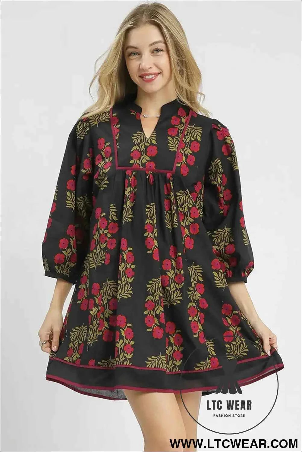 Black Floral Notched Neck Bracelet Sleeve Babydoll Dress