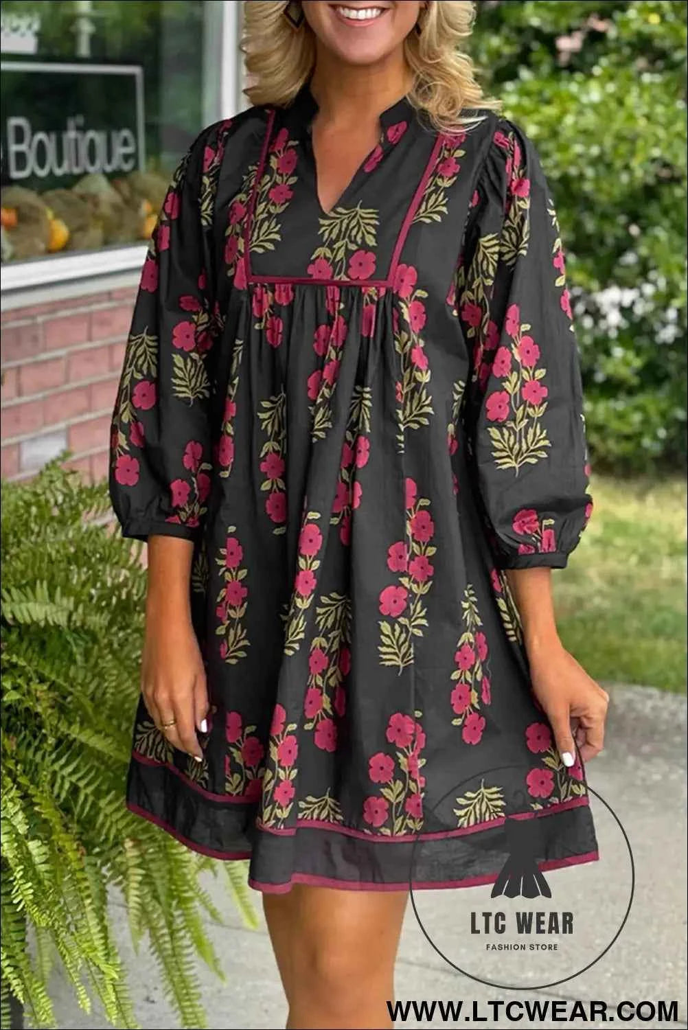 Black Floral Notched Neck Bracelet Sleeve Babydoll Dress